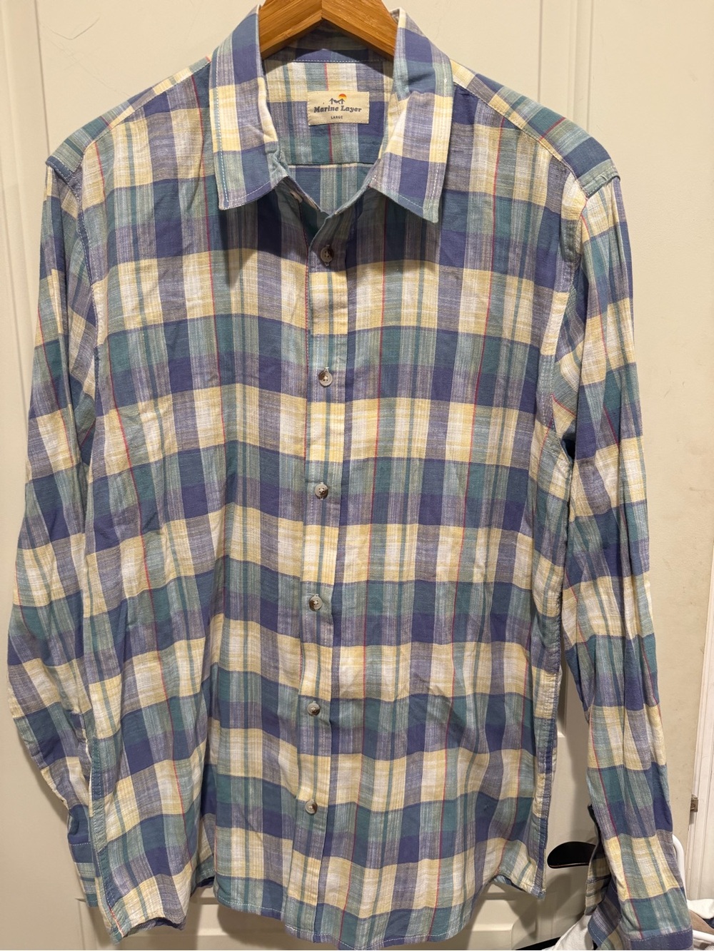 Marine Layer Plaid Button-Down Shirt in Blue better than linen, cream & blue
